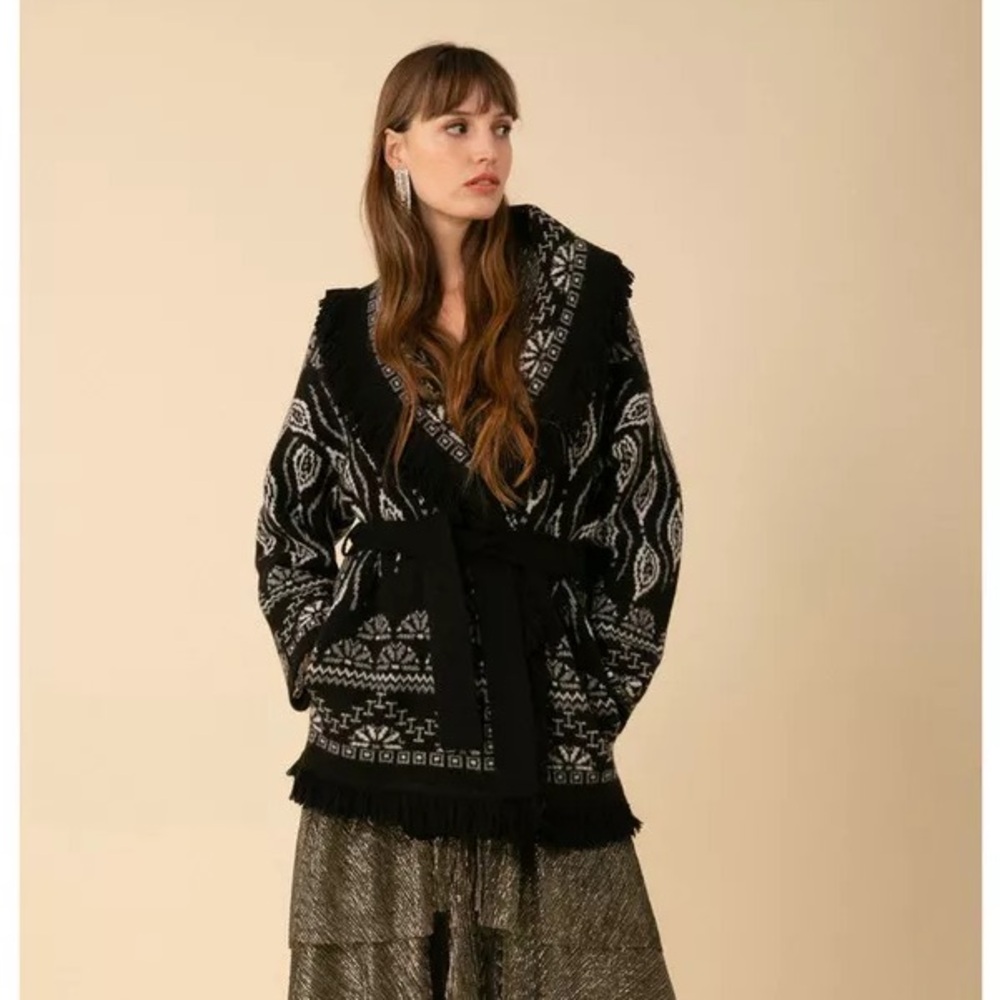 Hale Bob Black Patterned Fringe Wrap Cardigan